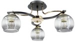 Lampa sufitowa Cleo 3xE27 w kolorze czarnym i złotym. Posiada trzy przezroczyste klosze w kształcie kul, osadzone na eleganckiej metalowej konstrukcji. Ujęcie z dołu, pokazujące detale mocowania i kształt kloszy.