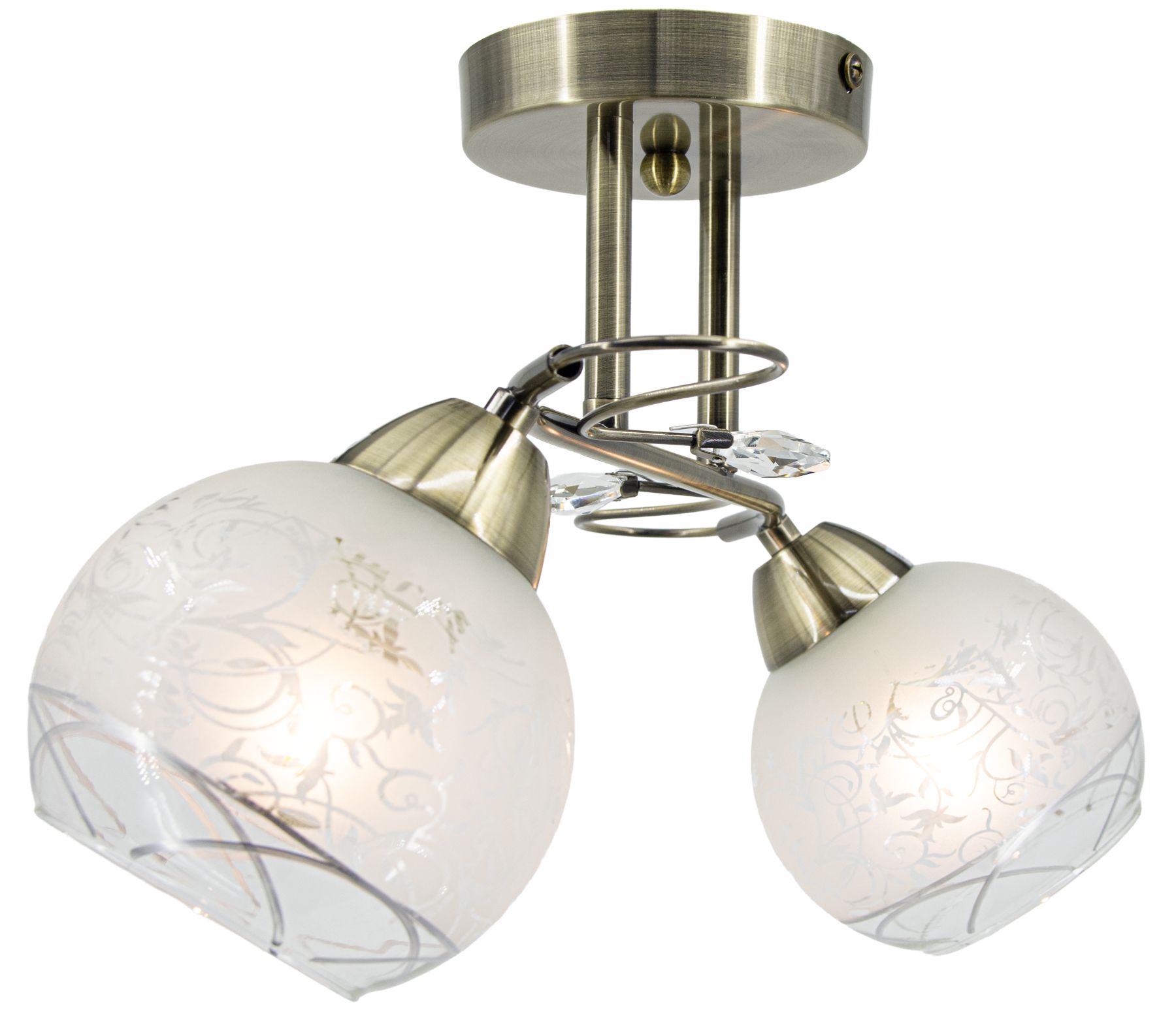 Lampa sufitowa Olivier z dwoma kloszami E27 w kolorze patyny. Klosze szklane, matowe z delikatnym wzorem, zamocowane na metalowych sprężynach. Całość zmontowana na okrągłej podstawie, z dodatkowym elementem dekoracyjnym.