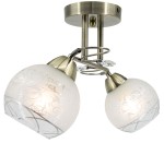 Lampa sufitowa Olivier z dwoma kloszami E27 w kolorze patyny. Klosze szklane, matowe z delikatnym wzorem, zamocowane na metalowych sprężynach. Całość zmontowana na okrągłej podstawie, z dodatkowym elementem dekoracyjnym.