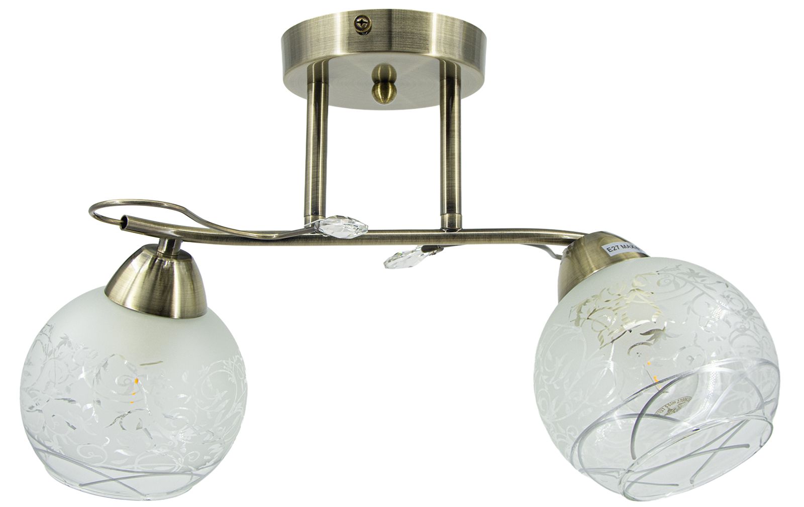 Lampa sufitowa Olivier z dwoma kloszami E27 w kolorze patyny. Klosze szklane, matowe z delikatnym wzorem, zawieszone na metalowym stelażu. Ujęcie frontalne, produkt zamontowany na suficie, widoczne detale dekoracyjne.