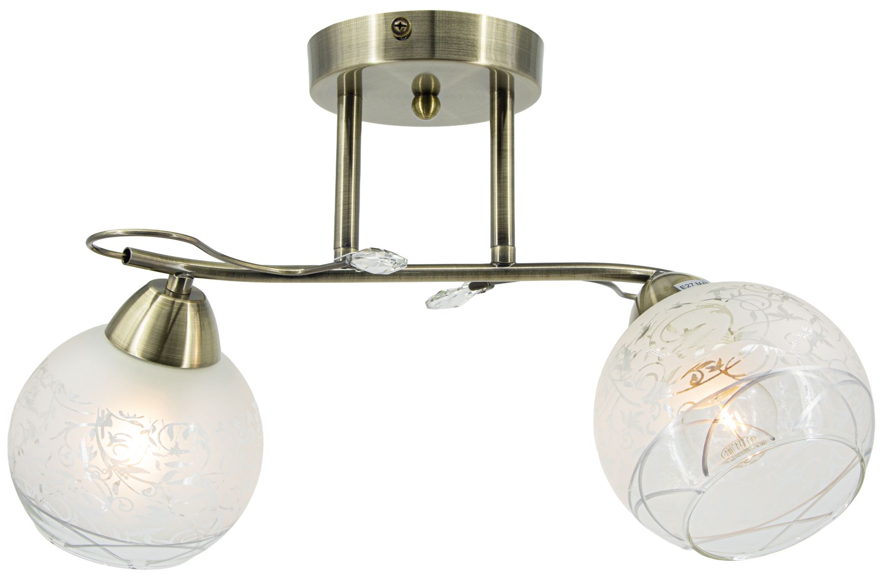 Lampa sufitowa Olivier 2xE27 w kolorze patyny, z dwoma okrągłymi kloszami z matowego i przezroczystego szkła, zdobionymi delikatnym wzorem. Ujęcie z boku, produkt zamontowany na suficie, z eleganckimi akcentami szklanymi.