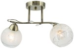 Lampa sufitowa Olivier 2xE27 w kolorze patyny, z dwoma okrągłymi kloszami z matowego i przezroczystego szkła, zdobionymi delikatnym wzorem. Ujęcie z boku, produkt zamontowany na suficie, z eleganckimi akcentami szklanymi.