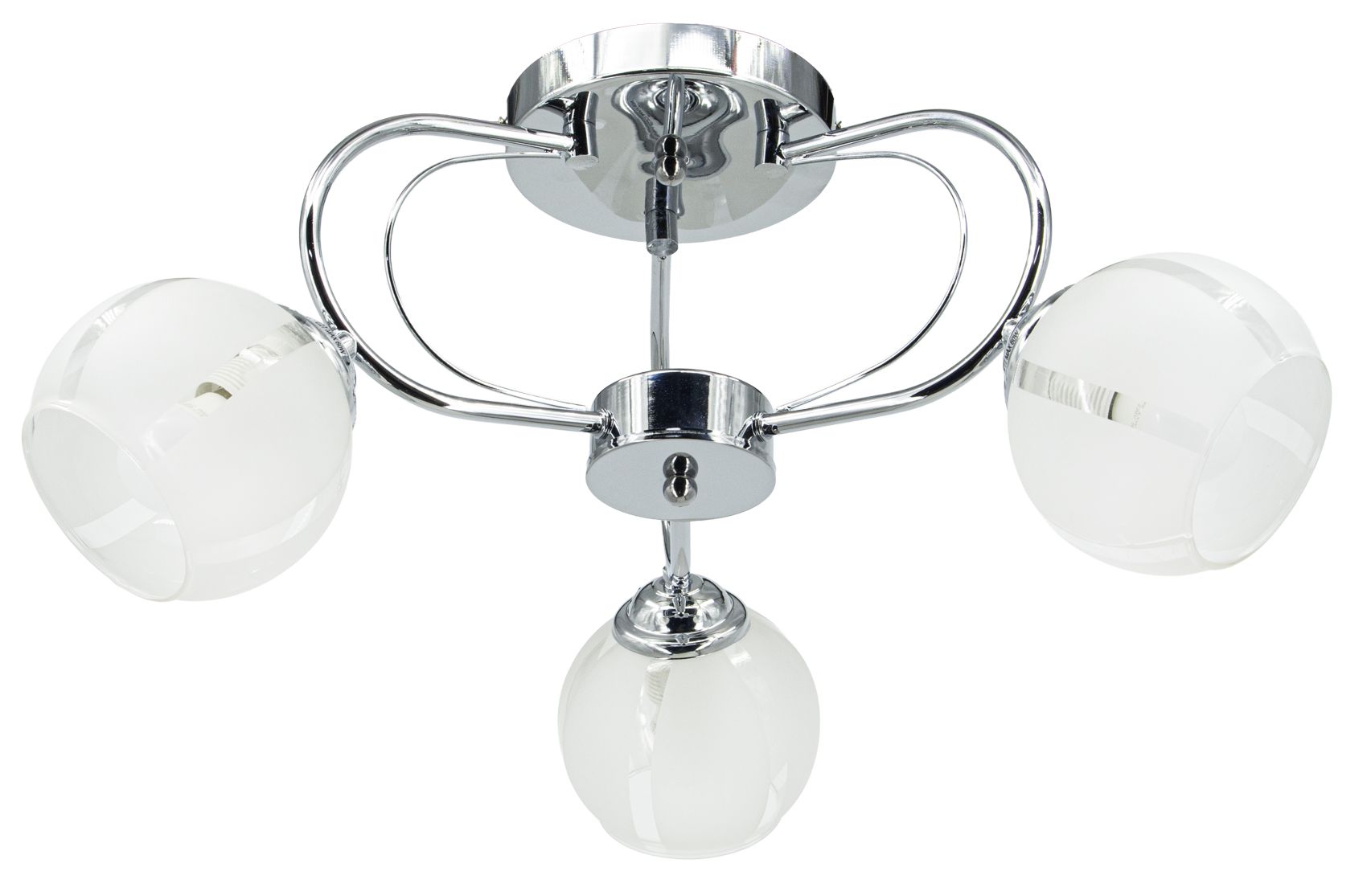 Lampa sufitowa Ruby z trzema źródłami światła E27. Chromowana konstrukcja z okrągłymi kloszami w białym kolorze, wykonany z przezroczystego szkła. Ujęcie z dołu, ukazujące detale mocowania oraz kształt kloszy.