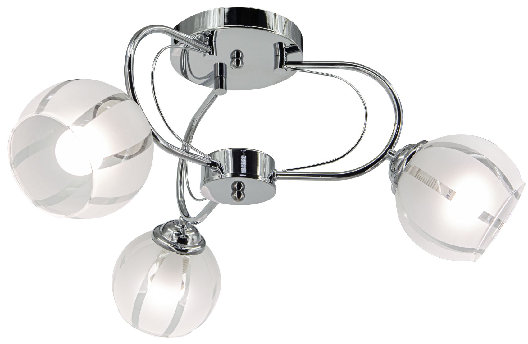 Lampa sufitowa Ruby z trzema żarówkami E27, w chromowanej oprawie. Szklane klosze w kształcie kul, transparentne z pionowymi paskami. Ujęcie z dołu, pokazujące szczegóły konstrukcji i połyskujący materiał.