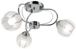 Lampa sufitowa Ruby z trzema żarówkami E27, w chromowanej oprawie. Szklane klosze w kształcie kul, transparentne z pionowymi paskami. Ujęcie z dołu, pokazujące szczegóły konstrukcji i połyskujący materiał.