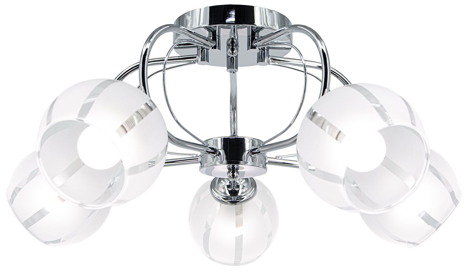 Lampa sufitowa Ruby z pięcioma kloszami E27 w kolorze chromu. Klosze o okrągłym kształcie z przezroczystymi paskami, zamontowane na metalowej konstrukcji. Ujęcie z dołu, pokazujące detale i elegancki design.