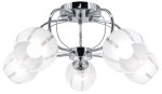 Lampa sufitowa Ruby z pięcioma kloszami E27 w kolorze chromu. Klosze o okrągłym kształcie z przezroczystymi paskami, zamontowane na metalowej konstrukcji. Ujęcie z dołu, pokazujące detale i elegancki design.