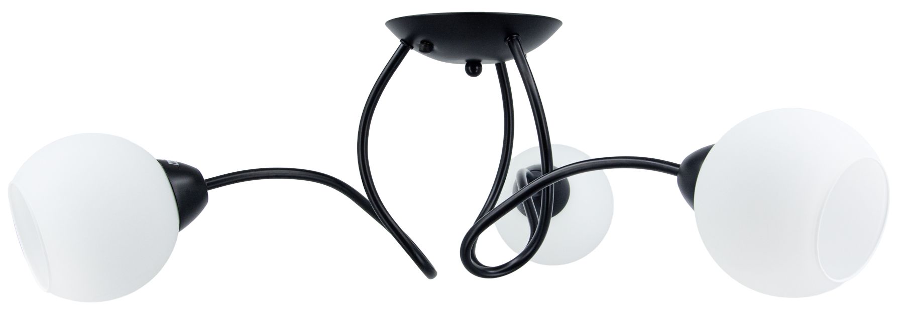 Lampa sufitowa Aria z trzema oprawami E27, w kolorze czarnym. Posiada okrągłe, matowe klosze w białym kolorze, zamontowane na elastycznych ramionach. Ujęcie z dołu, ukazujące detal konstrukcji i kształt kloszy.