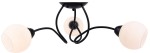 Czarna lampa sufitowa Aria z trzema oprawami E27, z białymi, okrągłymi kloszami. Produkt zamontowany na suficie, z widocznymi, stylowymi, zakrzywionymi ramionami. Prosta konstrukcja w nowoczesnym stylu, idealna do różnych wnętrz.