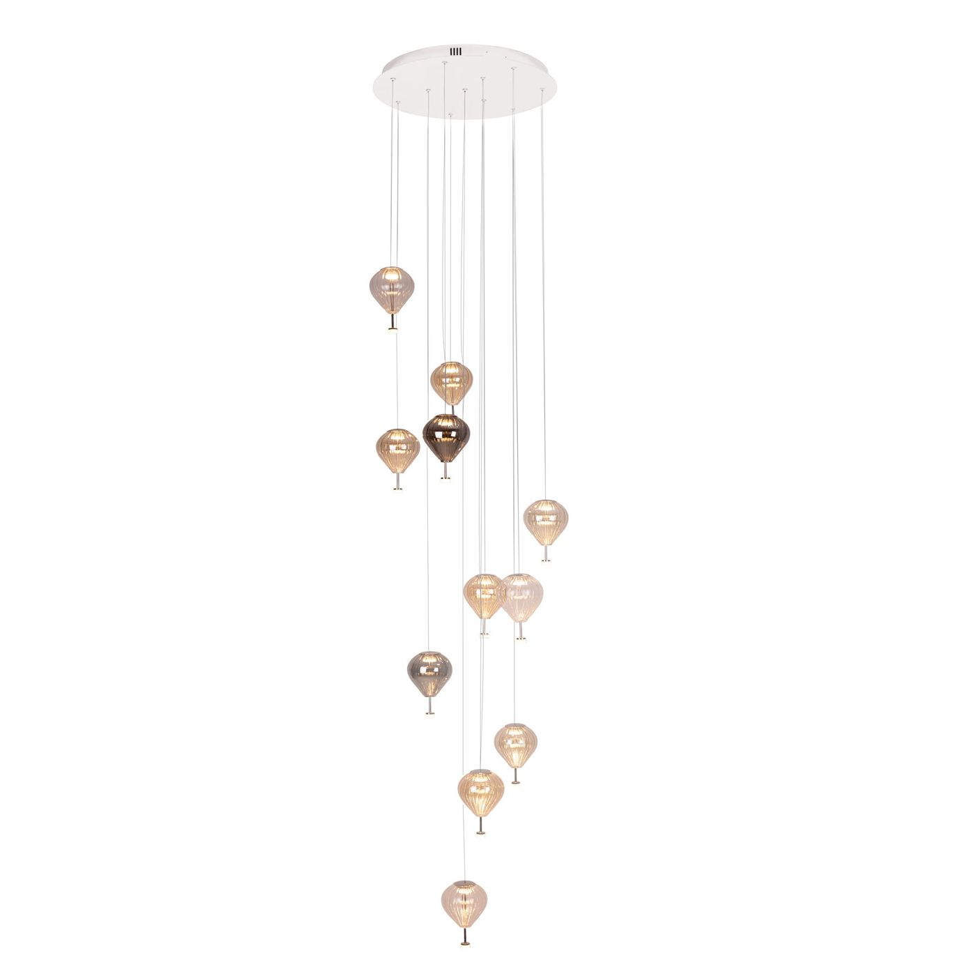 Lampa wisząca Palloncini z 11 żarówkami LED, w białym i multikolorowym wykończeniu. Kształt balonów w różnych odcieniach, zawieszona na cienkich linkach, montowana do sufitu. Idealna do nowoczesnych wnętrz.