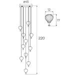 Lampa wisząca Palloncini z 11 źródłami LED w kształcie balonów, w kolorze białym i multikolorowym. Wymiary: wysokość 220 cm, średnica osłony 45 cm. Elementy zawieszone na cienkich linkach, tworzą efektowną aranżację świetlną.