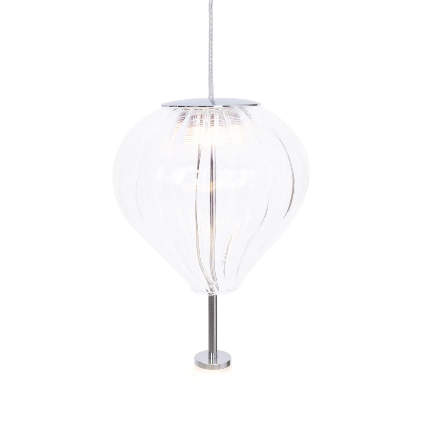 Lampa wisząca Palloncini z białym, transparentnym kloszem w kształcie balonika. Wyposażona w dwa źródła światła LED 6W. Metalowy stelaż w kolorze chromu. Wisi na cienkim przewodzie, wyglądając elegancko w nowoczesnym wnętrzu.