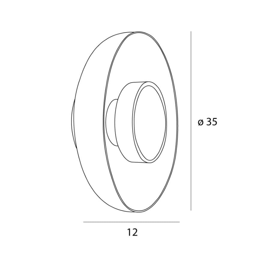 Mosiężny kinkiet Signature z jedną diodą LED 9W, owalny kształt z centralnym okrągłym elementem. Wymiary: średnica 35 mm, głębokość 12 mm. Prosty design, idealny do nowoczesnych wnętrz.