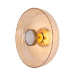 Kinkiet Signature 1xLED 9W w kolorze mosiądzu, z okrągłą, teksturowaną kloszem w odcieniu przezroczystego brązu. Oświetlenie z białą, okrągłą podstawą, zamontowane na ścianie, widok z boku.