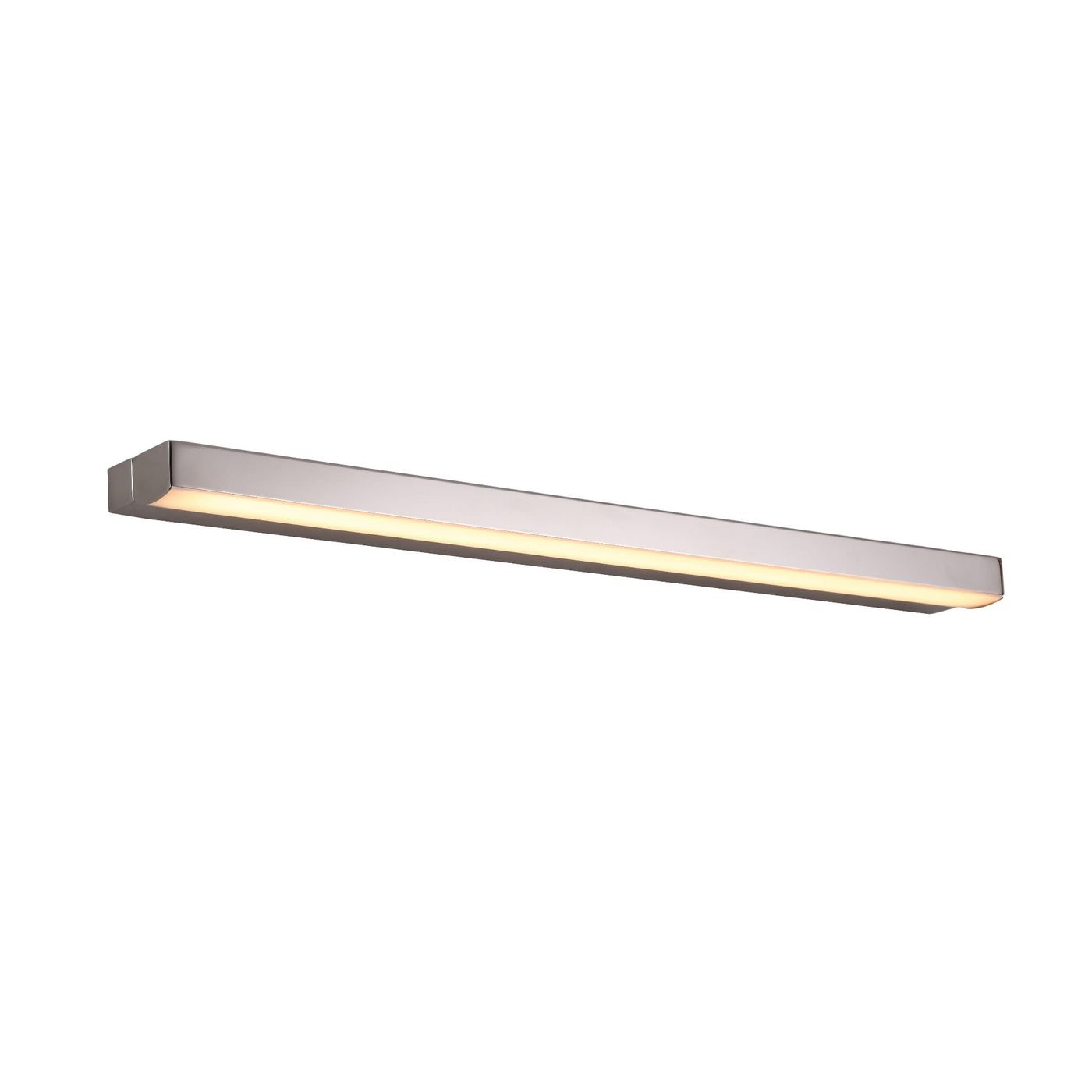 Kinkiet Trio Arc 1xLED 7W IP44 w kolorze chromu, z prostokątną obudową, emituje ciepłe światło 3000K. Zainstalowany poziomo, idealny do oświetlenia wnętrz, zapewnia nowoczesny design i funkcjonalność.