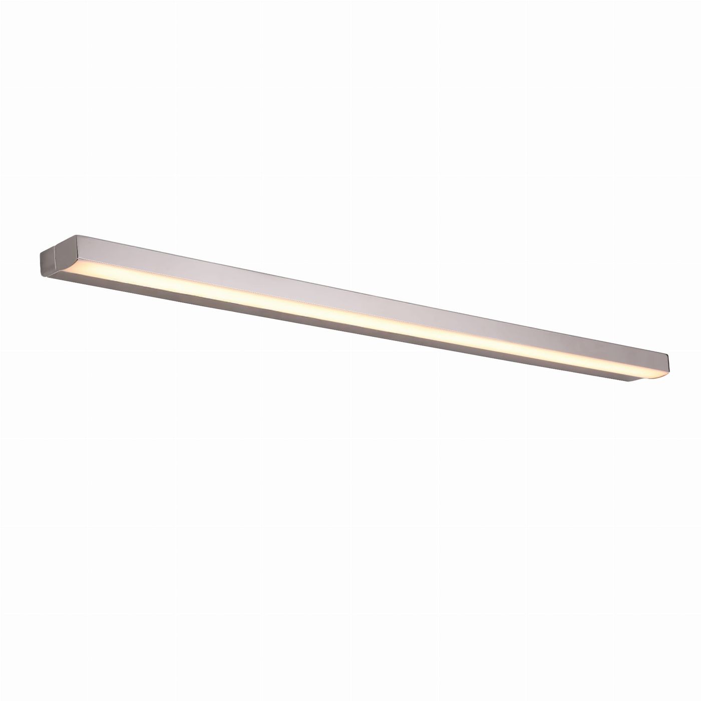 Kinkiet Trio Arc 1xLED 10W IP44 4000K w kolorze chromu, w formie prostokątnej listwy. Zainstalowane źródło światła LED o neutralnej barwie, umieszczone na górnej krawędzi. Produkt montowany na ścianie, idealny do nowoczesnych wnętrz.