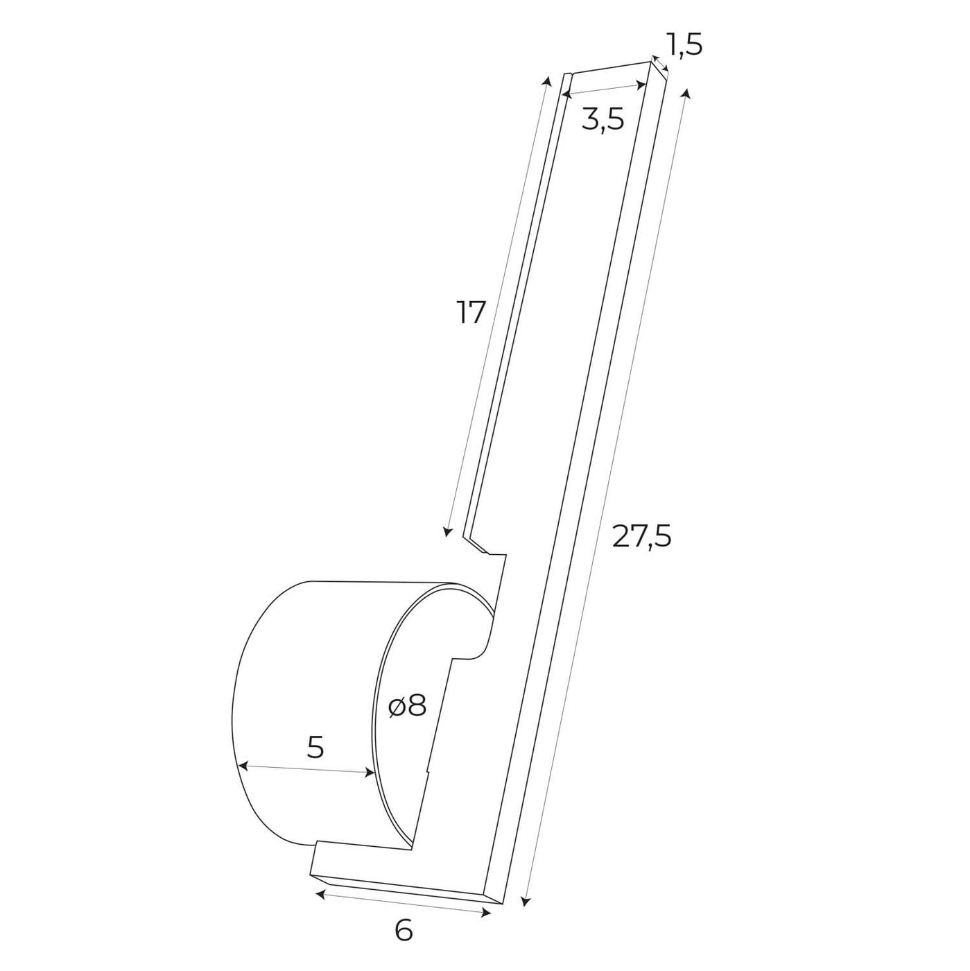 Kinkiet Merano 1xLED 6W w kolorze czarnym, o wymiarach 27,5 cm wysokości i 6 cm szerokości. Posiada prostokątny korpus oraz okrągły klosz o średnicy 8 cm, zamontowany w pozycji pionowej. Idealny do nowoczesnych wnętrz.