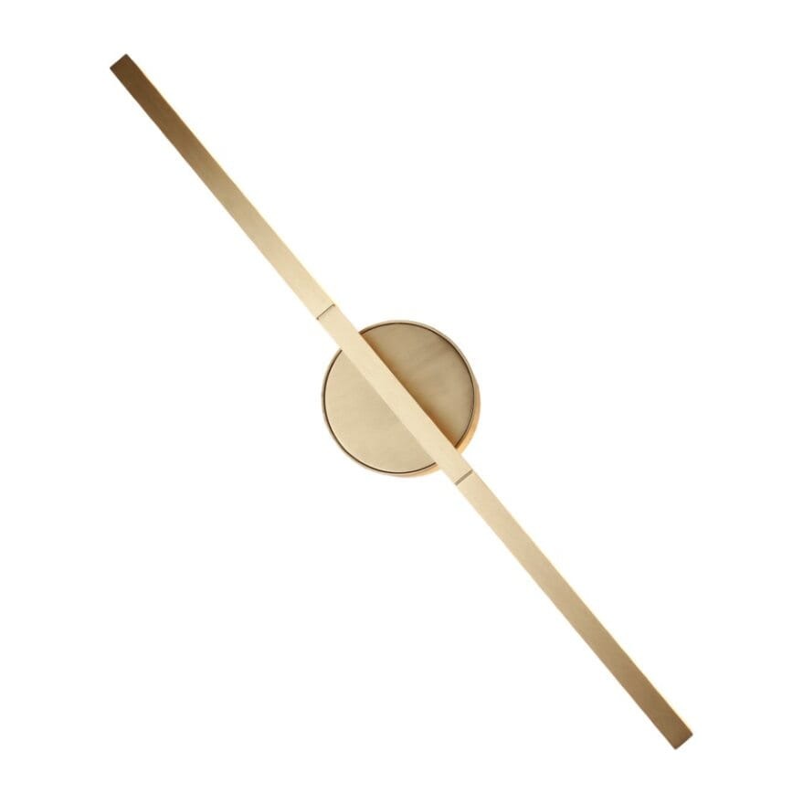 Kinkiet Merano w kolorze złotym z dwiema lampami LED 10W, o nowoczesnym, minimalistycznym designie. Ułożony poziomo, z okrągłą podstawą i prostokątnymi ramionami, na jednolitym tle.