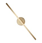 Kinkiet Merano w kolorze złotym z dwiema lampami LED 10W, o nowoczesnym, minimalistycznym designie. Ułożony poziomo, z okrągłą podstawą i prostokątnymi ramionami, na jednolitym tle.