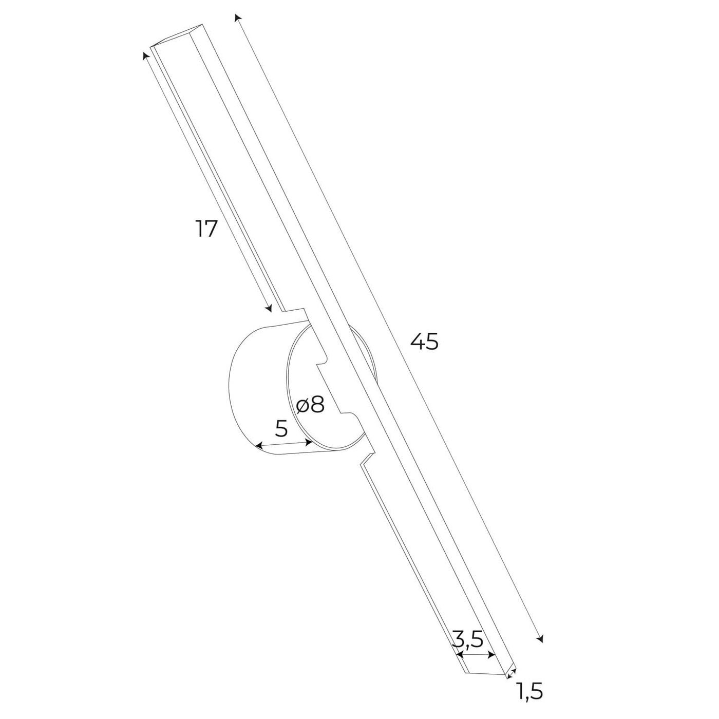 Kinkiet Merano 2xLED 10W w kolorze czarnym, o prostokątnej formie. Wymiary: długość 45 cm, wysokość 17 cm, grubość 1,5 cm. Element mocujący w kształcie okręgu, średnica 8 cm. Idealny do nowoczesnych wnętrz.