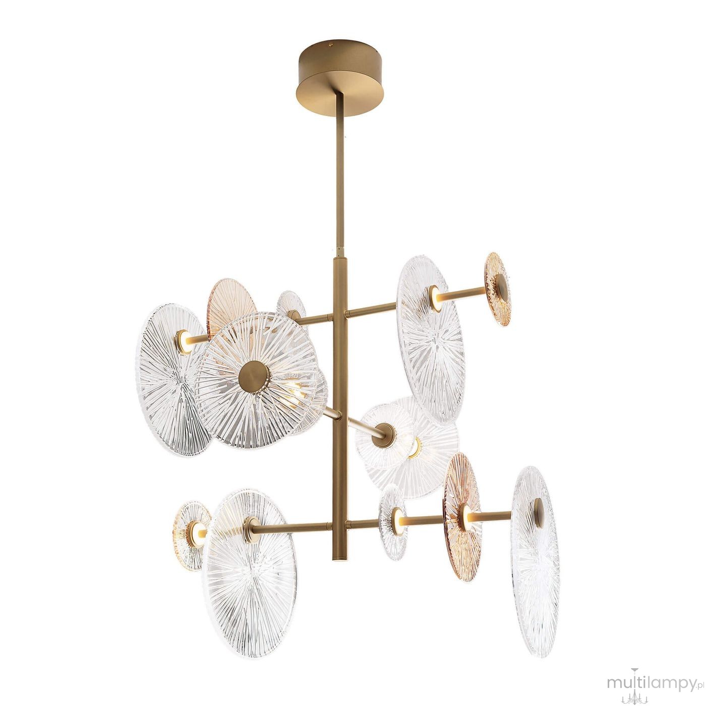 Lampa wisząca Allure z 14 diodami LED, moc 42W, w kolorze złotym. Posiada dekoracyjne, przezroczyste klosze w formie okręgów o teksturowanej powierzchni, zamontowana na prostej, metalowej konstrukcji.