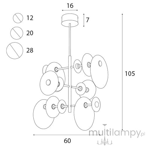 Lampa wisząca Allure z 14 diodami LED, moc 42W, w złotym kolorze. Wymiary: średnica 60 cm, wysokość 105 cm. Posiada okrągły sufitowy uchwyt oraz sześć dysków w różnych rozmiarach. Idealna do nowoczesnych wnętrz.