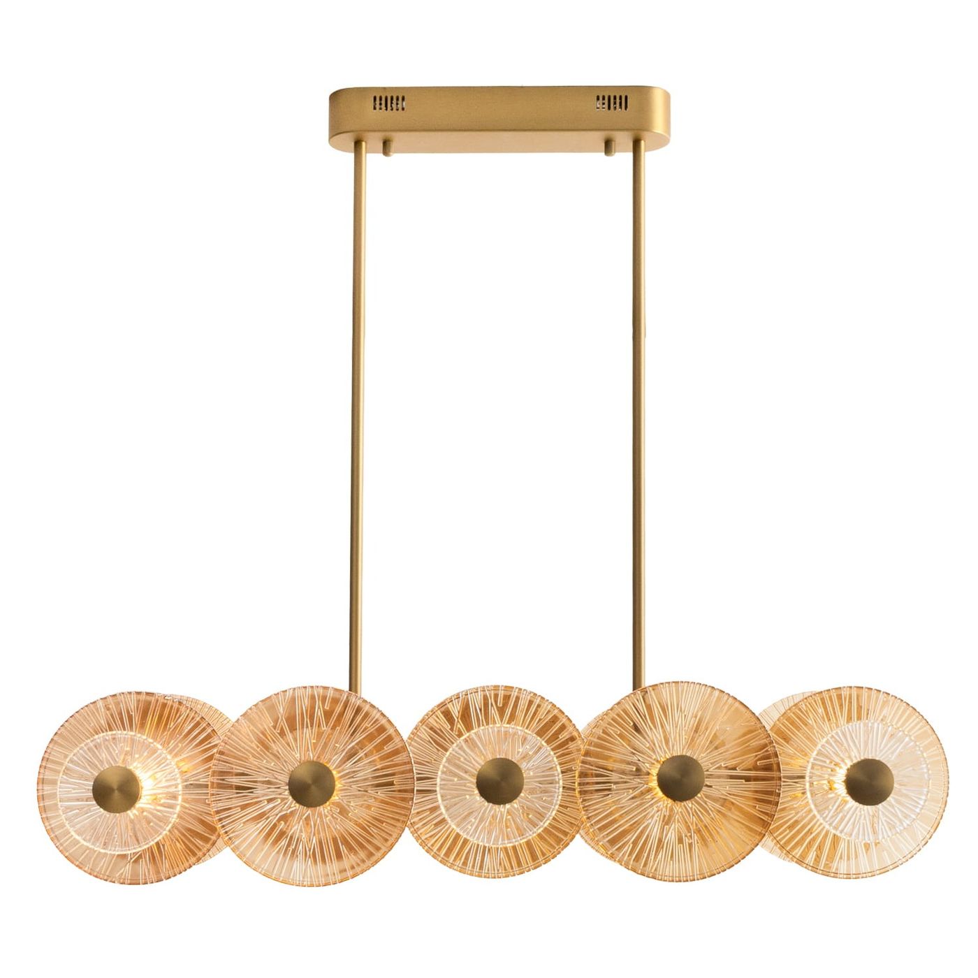 Lampa wisząca Allure z jednym źródłem LED 51W w złotym kolorze. Posiada pięć okrągłych kloszy z teksturowanym wykończeniem, zawieszona na dwóch cienkich linkach. Prosty, nowoczesny design idealny do aranżacji wnętrz.