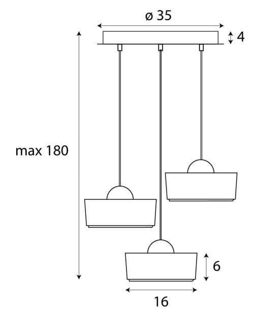 Lampa wisząca Lipari z trzema źródłami LED, biała. Okrągły klosz o średnicy 35 cm, zawieszony na regulowanych linkach. Wymiary: max 180 cm wysokości, klosz 16 cm szerokości, 6 cm wysokości.