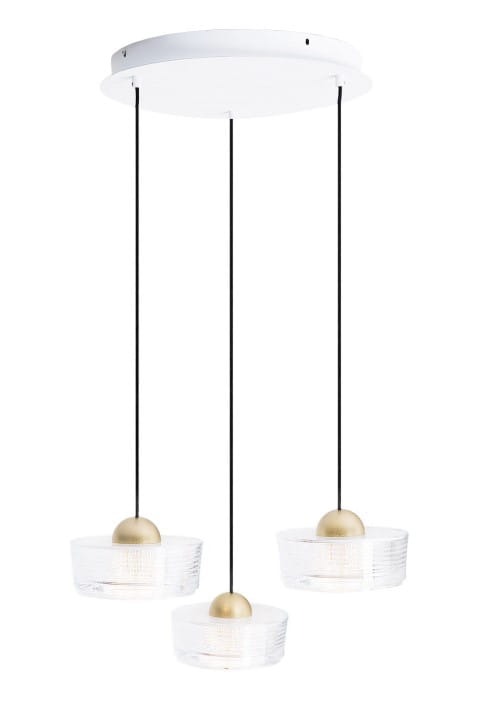 Lampa wisząca Lipari z trzema kloszami LED 22W. Klosze w formie okrągłych, przezroczystych misek z dekoracyjnymi złotymi kulkami na górze. Zawieszona na trzech czarnych linkach. Montaż sufitowy na białym okrągłym elemencie.