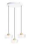 Lampa wisząca Lipari z trzema kloszami LED 22W. Klosze w formie okrągłych, przezroczystych misek z dekoracyjnymi złotymi kulkami na górze. Zawieszona na trzech czarnych linkach. Montaż sufitowy na białym okrągłym elemencie.