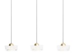 Lampa wisząca Lipari z trzema źródłami LED 22W, biała. Szklane klosze o okrągłym kształcie, zawieszone na cienkich linkach, z metalowymi złotymi elementami na górze. Prosta forma, minimalistyczny design, na białym tle.