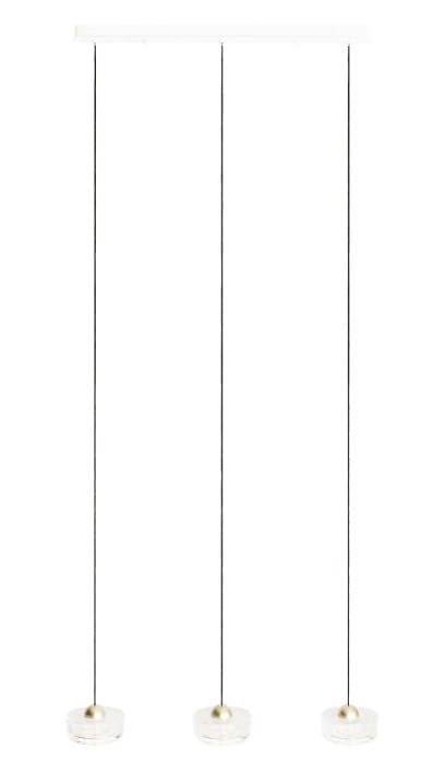 Lampa wisząca Lipari z trzema źródłami LED 22W, biała. Produkt zawieszony na cienkich czarnych linkach, z okrągłymi, przezroczystymi kloszami i złotymi detalami. Ujęcie frontalne, produkt wisi prosto pod sufitem.