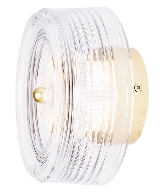 Kinkiet Lipari 1xLED 6W w złotym wykończeniu, z przezroczystym kloszem o okrągłym kształcie z wyraźnymi rowkami. Produkt zamontowany na ścianie, z centralną, złotą kulką oraz widoczną diodą LED w środku.