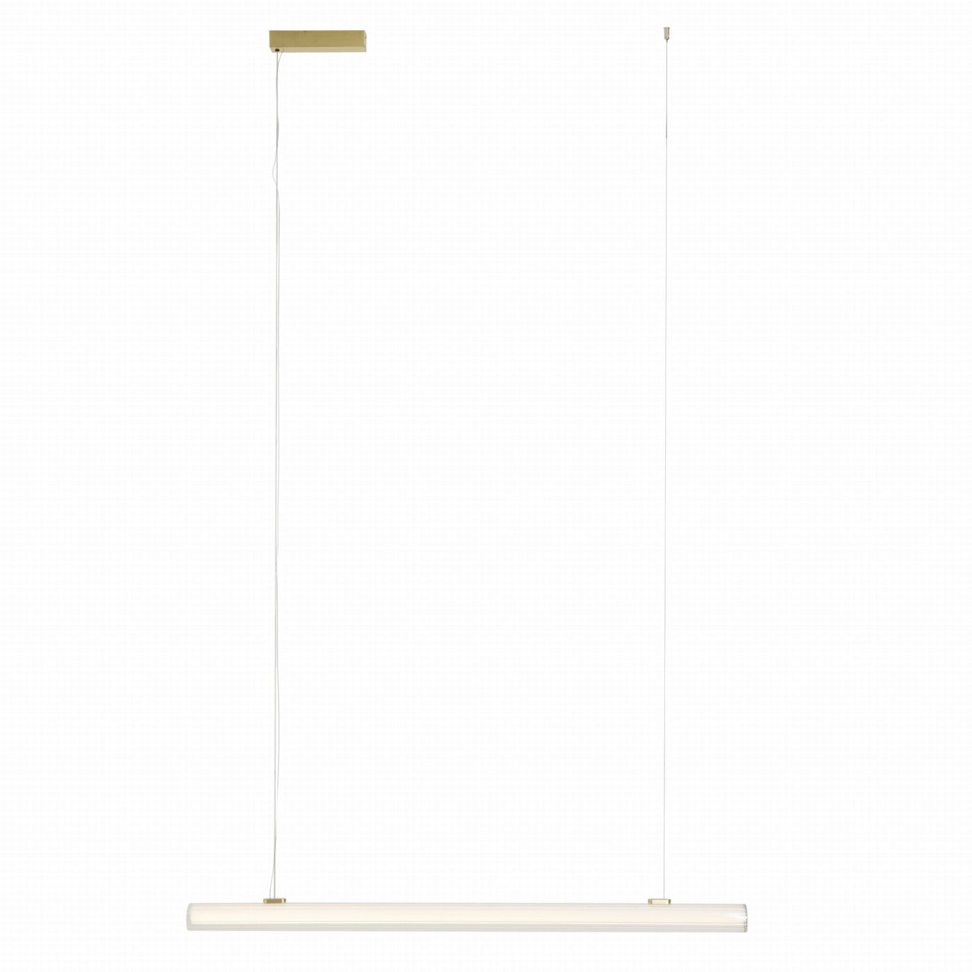 Lampa wisząca Fayette z jednym źródłem LED 20W, IP44, w kolorze złotym. Prosty design z długim, prostokątnym kloszem i minimalistyczną, złotą podsufitką. Zawieszona na cienkim, białym przewodzie. Idealna do nowoczesnych wnętrz.