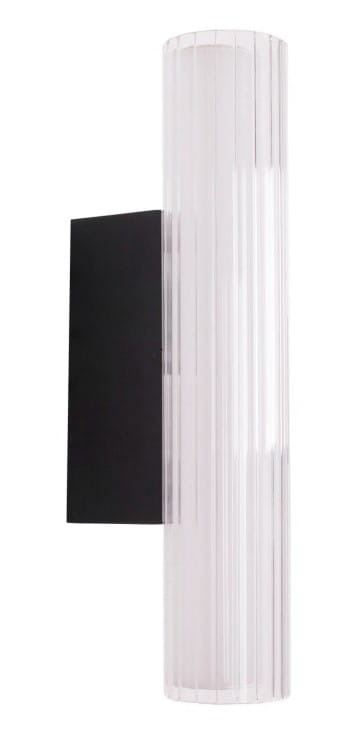 Kinkiet Fayette 1xLED 6W w kolorze czarnym z prostokątną, matową podstawą. Transparentny klosz w formie cylindrycznej z pionowymi żłobieniami. Produkt przeznaczony do użytku wewnętrznego i zewnętrznego, z klasą szczelności IP44.