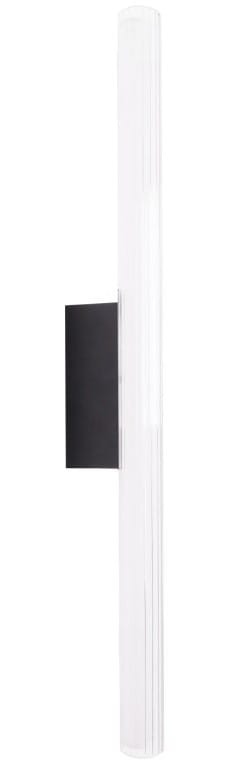 Kinkiet Fayette 1xLED 18W IP44 w kolorze czarnym. Lampa ma prostokątną, matową obudowę z czarnego metalu oraz długi, przezroczysty klosz w formie tuby. Produkt montowany na ścianie, widoczny z boku.