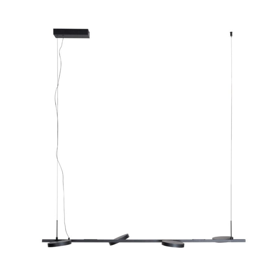Lampa wisząca Ibiza z 4 źródłami LED o mocy 32W w kolorze czarnym. Produkt ma minimalistyczny, prostokątny kształt, z dwiema okrągłymi podstawami. Zawieszona na cienkich przewodach, idealna do nowoczesnych wnętrz.