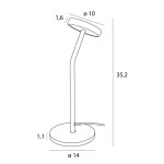 Lampa stołowa Ibiza w kolorze czarnym, z jednym źródłem LED 6W. Ma smukły, minimalistyczny kształt z okrągłą podstawą o średnicy 14 cm i wysokości 35,2 cm. Górna część ma średnicę 10 cm i jest umieszczona na cienkim wsporniku.