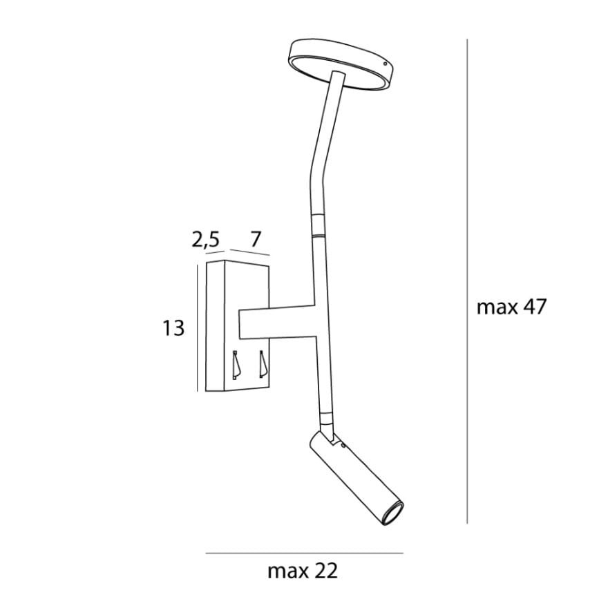 Kinkiet Ibiza 2xLED 9W w kolorze czarnym, z prostokątną podstawą, cienką metalową rurką oraz okrągłym kloszem. Wymiary: wysokość max 47 cm, szerokość max 22 cm, głębokość 2,5 cm. Przeznaczony do montażu na ścianie.
