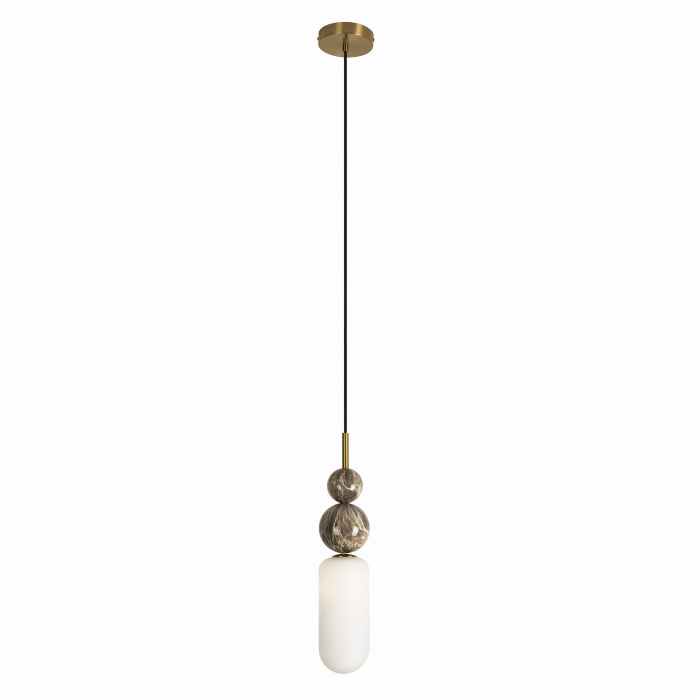 Lampa wisząca Nova 1xG9 w kolorze złotym, z czarnym przewodem, składająca się z dekoracyjnych kul oraz matowej, białej klosza. Produkt zawieszony na suficie, w prostym, minimalistycznym stylu.