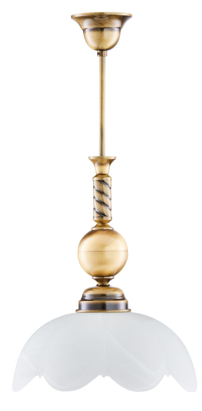 Lampa wisząca Jupiter z mosiądzu patynowanego, zawieszona na cienkiej rurze. Posiada szklany klosz w kształcie kwiatu z matowego szkła. Widoczna dekoracyjna kula oraz spiralny detal na uchwycie. Przeznaczona na żarówkę E27.