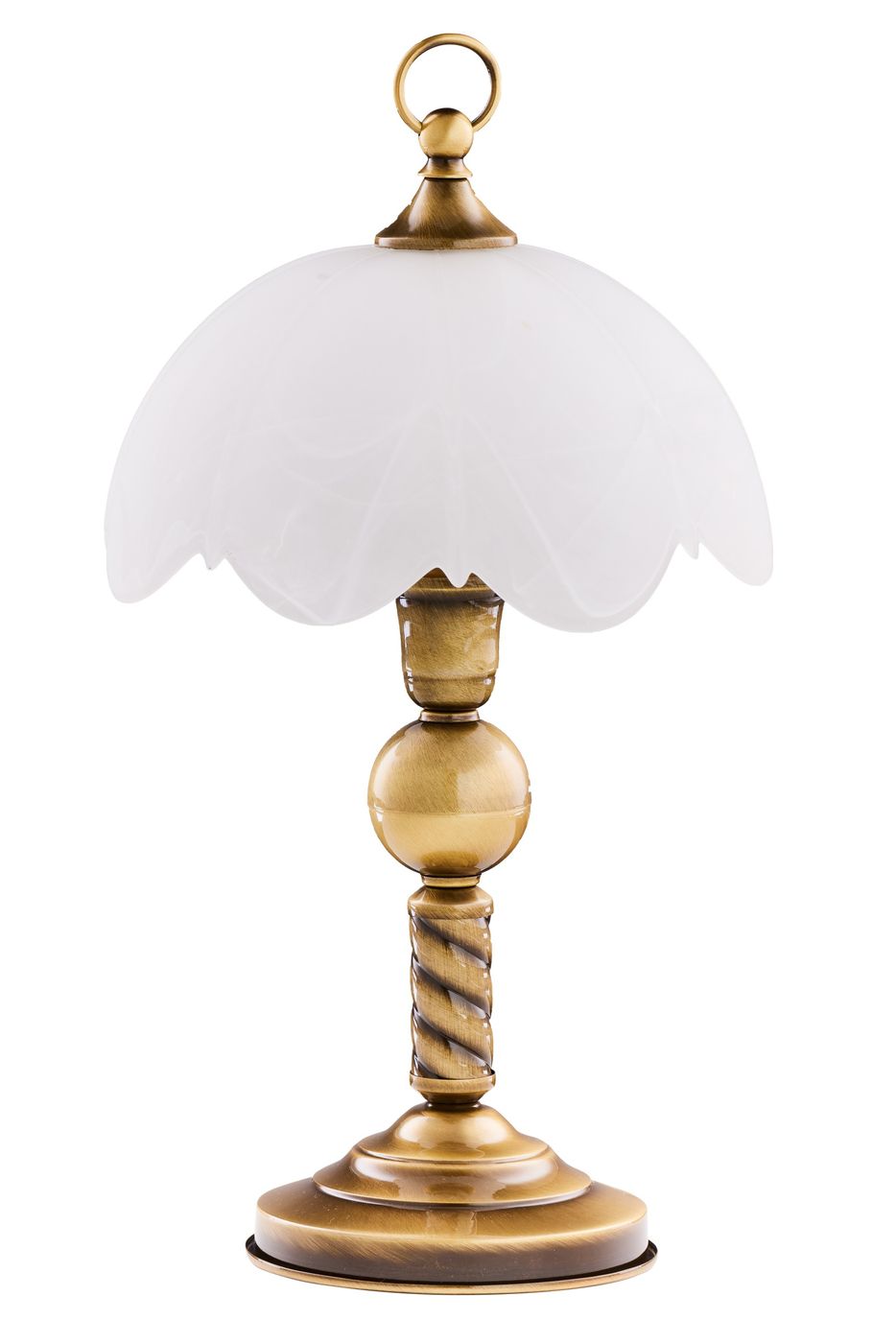 Lampa stołowa Jupiter z mosiądzu patynowanego, stojąca, z białym, szklanym kloszem o kształcie liścia. Posiada dekoracyjną podstawę i spiralny detal na nodze. Klosz z podwójnym brzegiem, elegancki wygląd, przeznaczona do żarówki E14.