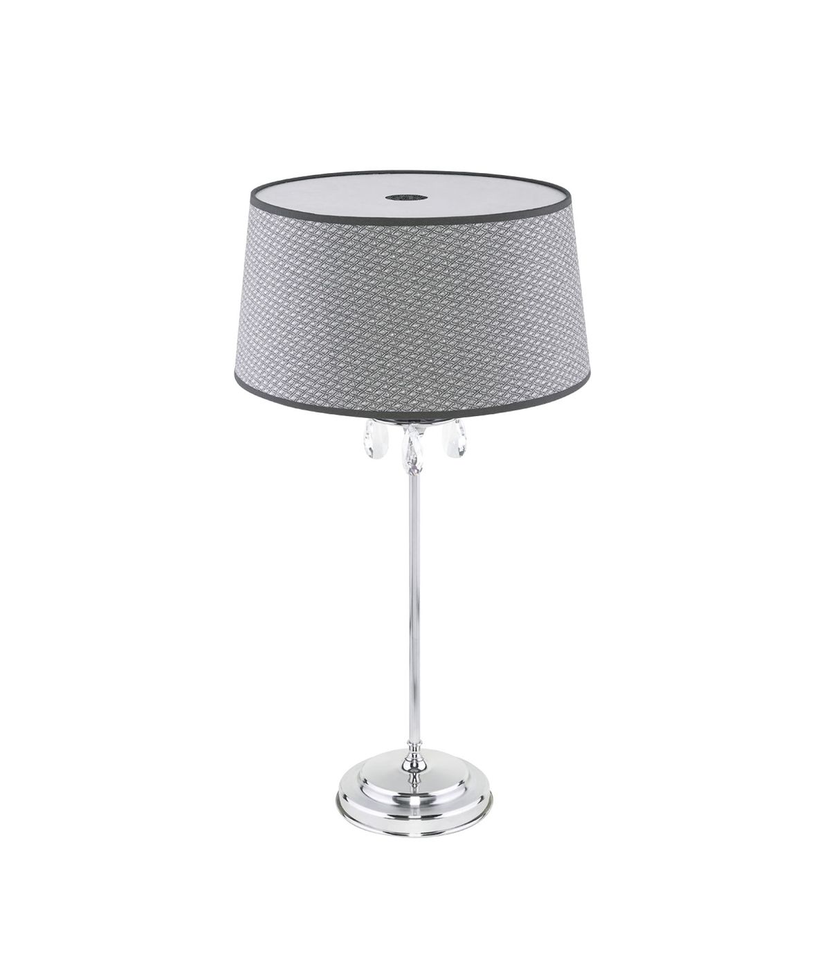 Lampa stołowa Egida z kloszem w szaro-srebrnym kolorze, z chromowaną podstawą. Posiada dekoracyjne kryształki zwisające u podstawy. Wysoka, elegancka konstrukcja z miejscem na żarówkę E27. Ujęcie frontalne, na jednolitym tle.