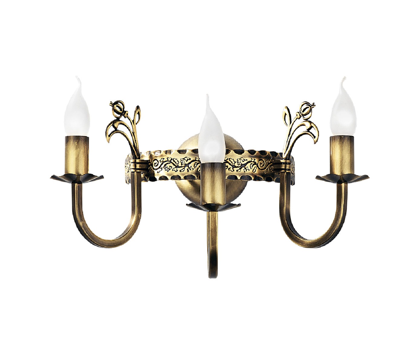 Korona kinkiet świecznikowy z mosiądzu patynowanego, z trzema ramionami, każda z białą, lekko zaokrągloną żarówką. Elementy ozdobne w kształcie kwiatów na uchwytach. Kinkiet zamontowany na okrągłej podstawie.