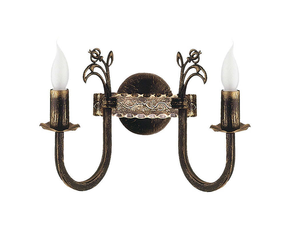 Kinkiet świecznikowy Korona w brązowym patynowanym kolorze, z dwoma miejscami na żarówki E14. Posiada ozdobne ramiona z kwiatowymi detalami, montowany na ścianie. Wzór klasyczny, idealny do eleganckich wnętrz.