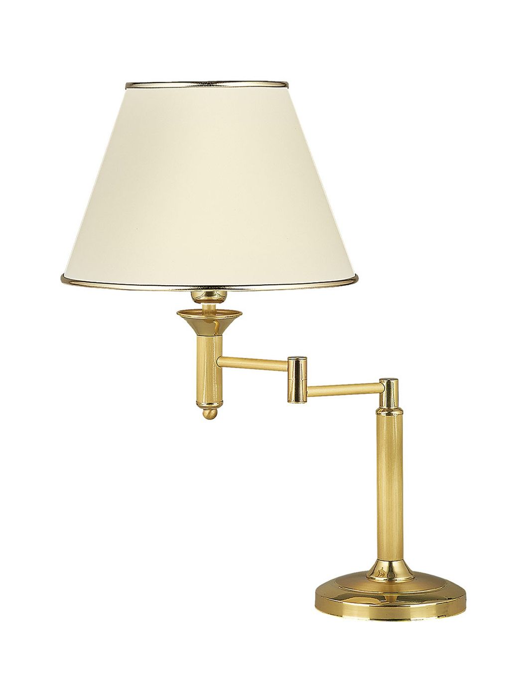 Lampa stołowa Classic w mosiądzu satynowanym z białym kloszem w kształcie stożka. Ustawiona na okrągłej podstawie, z regulowanym ramieniem, co umożliwia dostosowanie kąta światła. Idealna do biura lub sypialni.