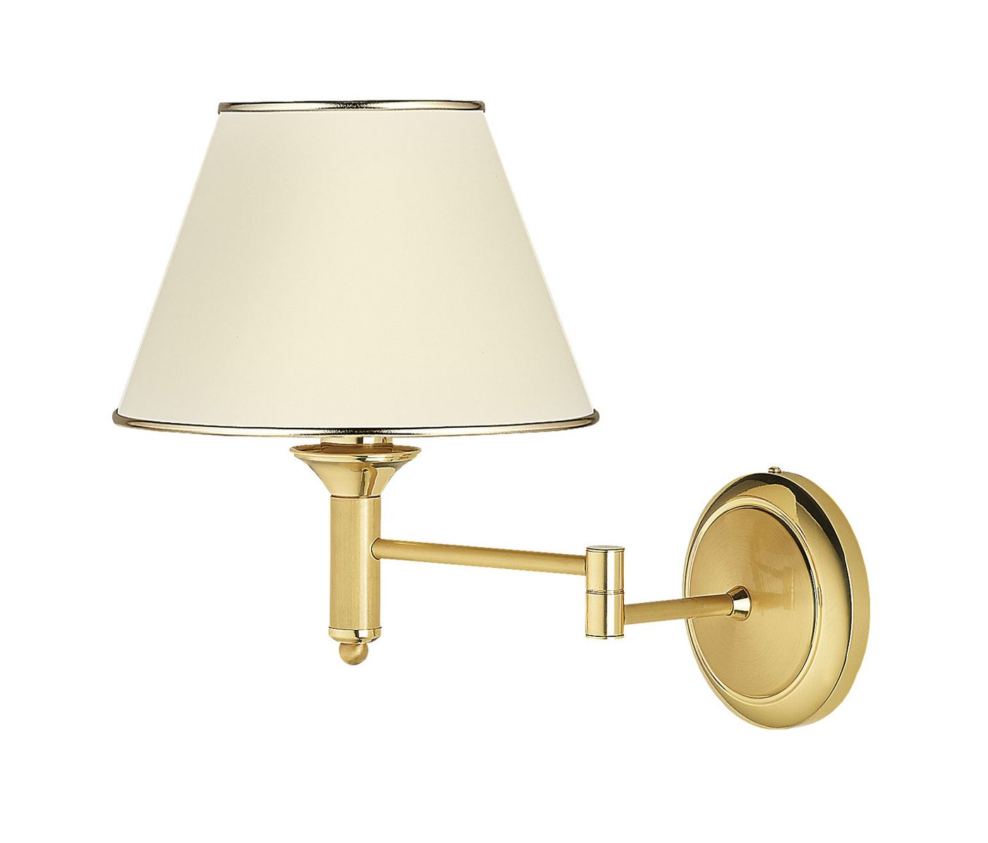 Kinkiet Classic 1xE27 w mosiężnym, satynowanym wykończeniu. Lampa z białym abażurem w kształcie stożka, zamontowana na okrągłej podstawie. Uchwyt w formie regulowanego ramienia, stojący w pozycji prostokątnej.