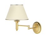 Kinkiet Classic 1xE27 w mosiężnym, satynowanym wykończeniu. Lampa z białym abażurem w kształcie stożka, zamontowana na okrągłej podstawie. Uchwyt w formie regulowanego ramienia, stojący w pozycji prostokątnej.