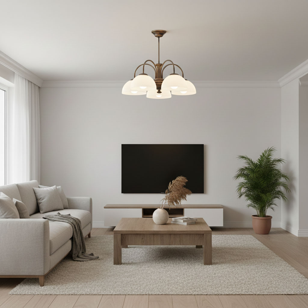 Żyrandol Delos z pięcioma kloszami E27 w kolorze patyny, zawieszony na cienkim drucie. Klosze w kształcie miseczek, białe, matowe. Produkt umieszczony w nowoczesnym wnętrzu z kanapą, stołem i rośliną w doniczce.