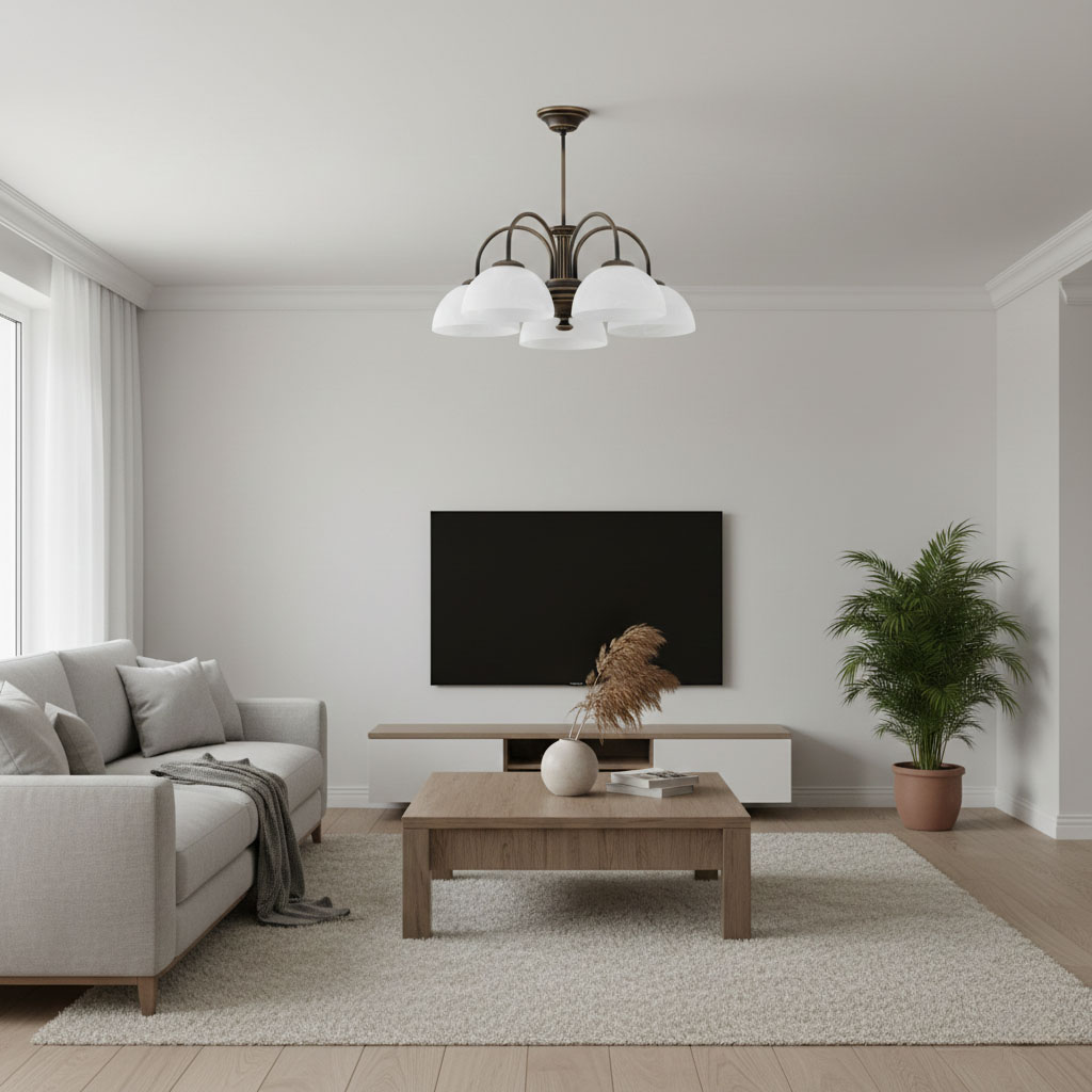 Żyrandol Delos w patynowym wykończeniu z pięcioma kloszami E27, zawieszony na suficie w nowoczesnym wnętrzu. W tle widoczne jasne ściany, szary narożnik oraz drewniany stół z dekoracjami.